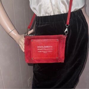 Dolce & Gabbana 8” Red Cross Body Clutch Suede Leather Logo Bag